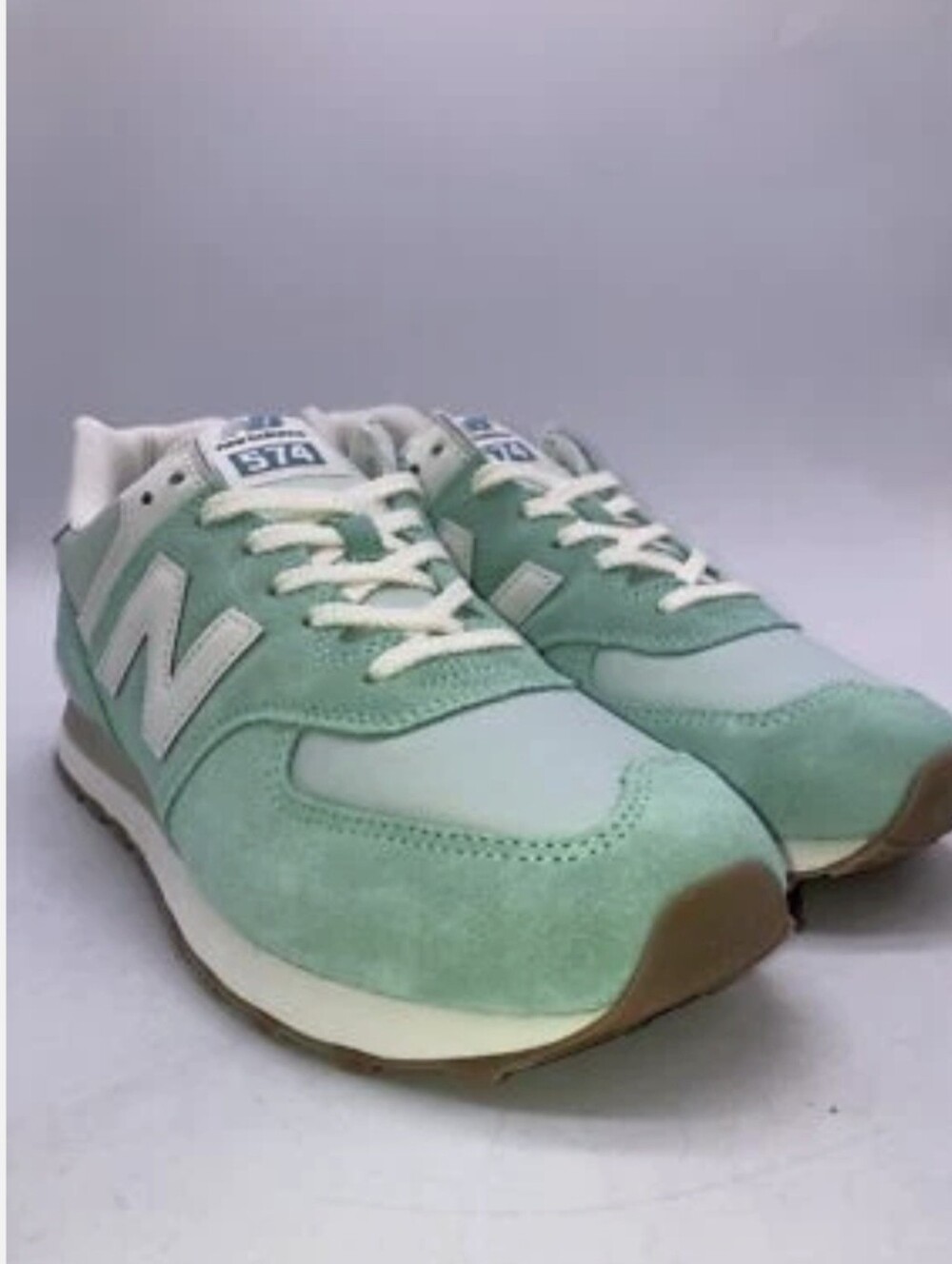 New Balance 574 sneakers, featuring a distinctive seafoam green suede upper 6.5 - Picture 2 of 11